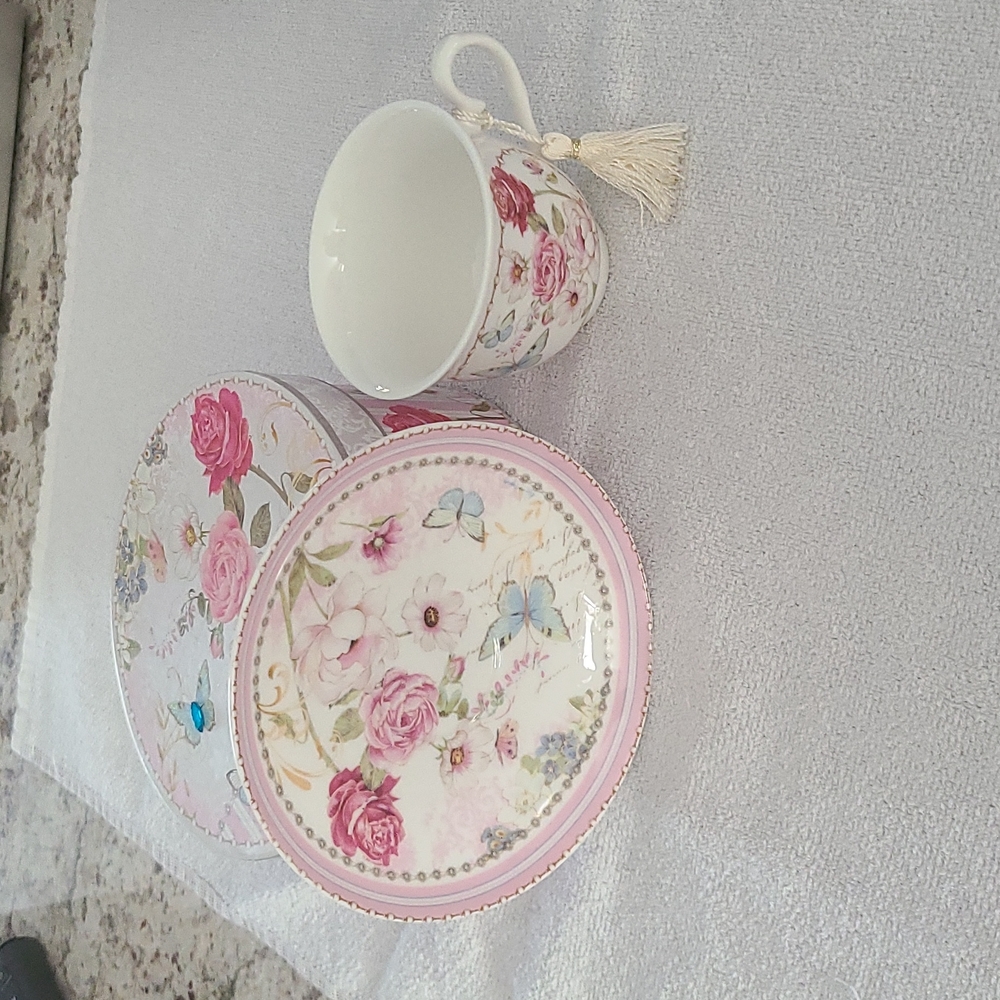 Tea Cup and Saucer Pink Floral Set With Gift Box